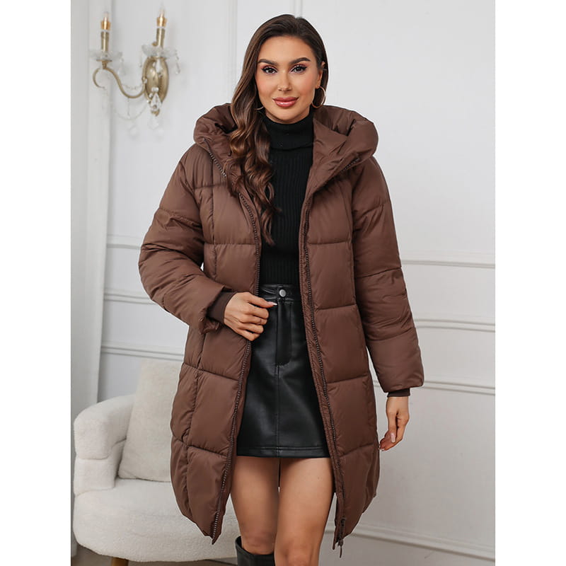 Brown quilted puffer coat with a hood made of cotton for women designed as a padded winter jacket.