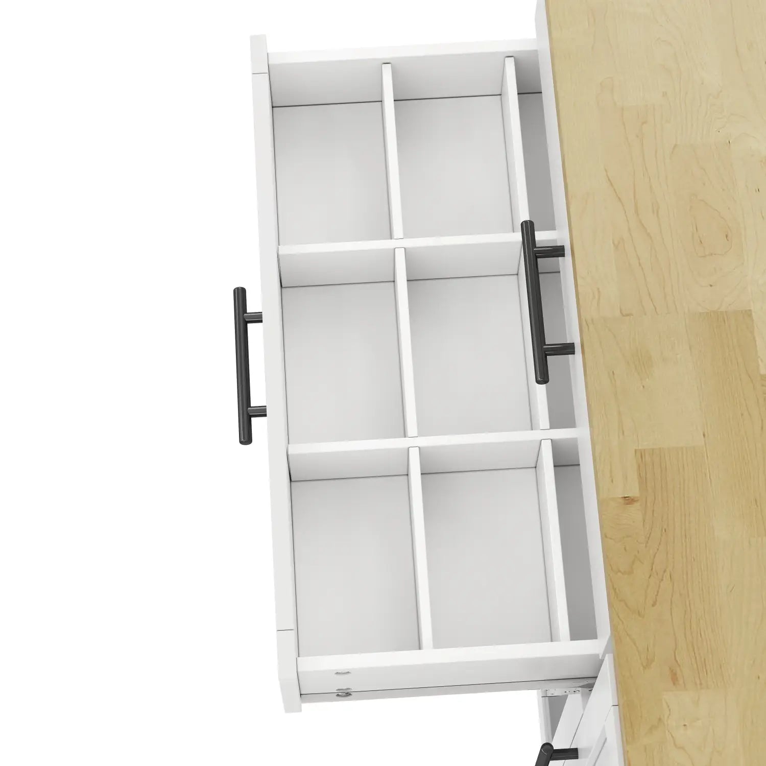 White mobile kitchen island drawer with black handles and internal compartments featuring a foldable worktop and wheels for easy mobility.