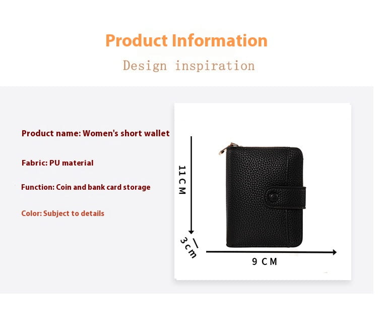 Black pu leather women’s short mini organ wallet with a textured surface and button flap closure.