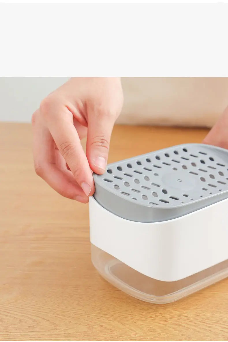 Dispensador de jabón líquido para platos de plástico blanco y gris con soporte para esponja y tapa perforada de 350 ml
