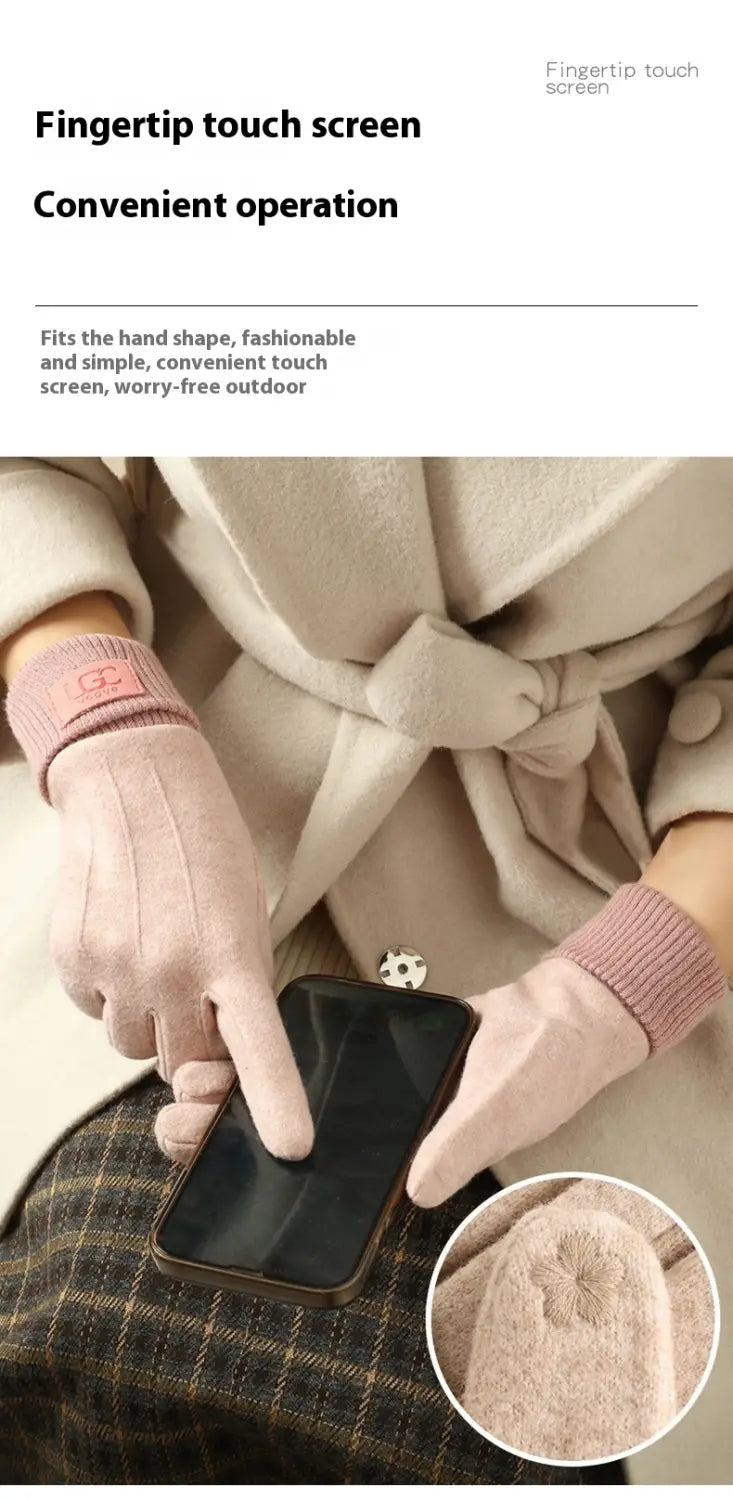 Rosa Kaschmir-Touchscreen-Winterhandschuhe für Damen mit einer weichen, gestrickten Texturoberfläche und elastischem Handgelenkband, von der Rückseite dargestellt