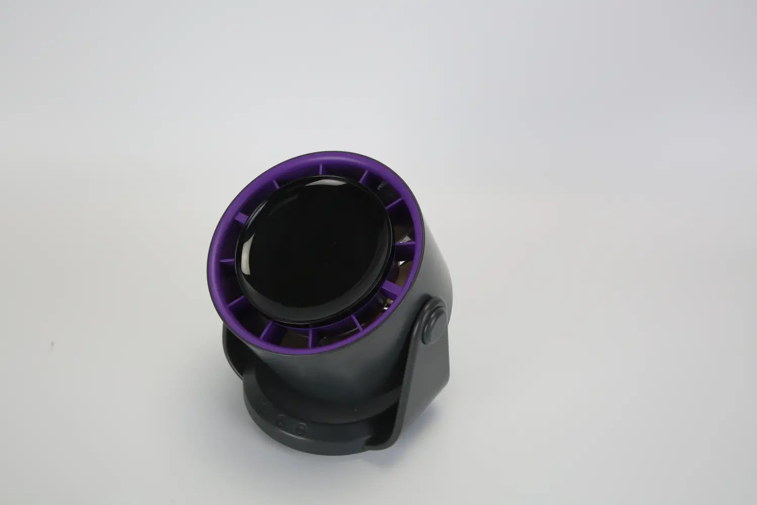 Purple and black cylindrical rechargeable desk fan with 100 speed settings and 120 tilt capability featuring a sleek modern design and 4000mAh battery.