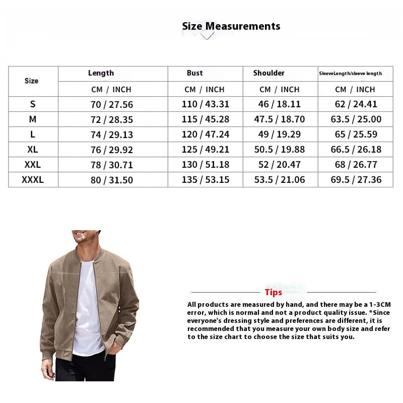 Beige men suede casual retro bomber jacket with ribbed cuffs and collar featuring a front zipper closure.