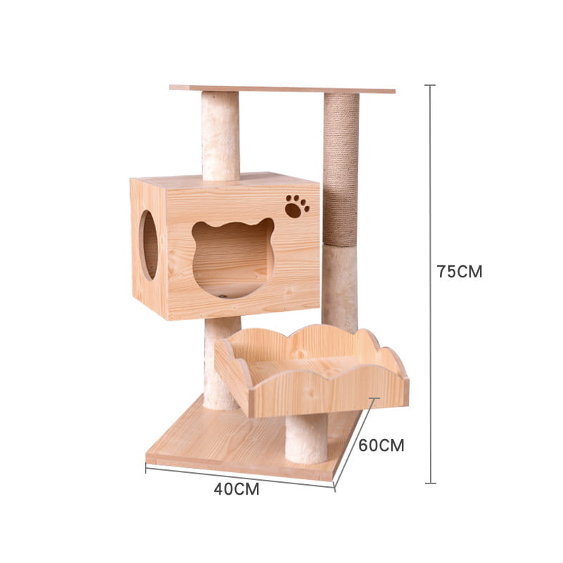 Light-colored wooden cat tree with paw print design on the cubby and sisal scratching posts for cat scratching and resting.