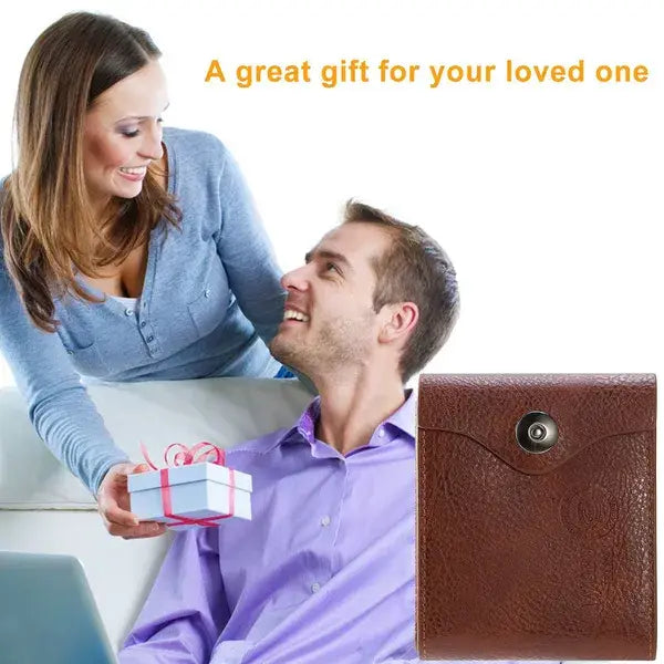 Men’s RFID blocking brown pu leather bifold wallet with a metallic snap closure shown from the front.