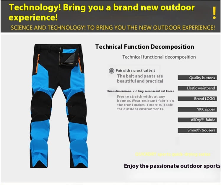 Men’s waterproof tactical hiking pants in black and bright blue with reinforced knee panels and a YKK zipper designed for outdoor use.