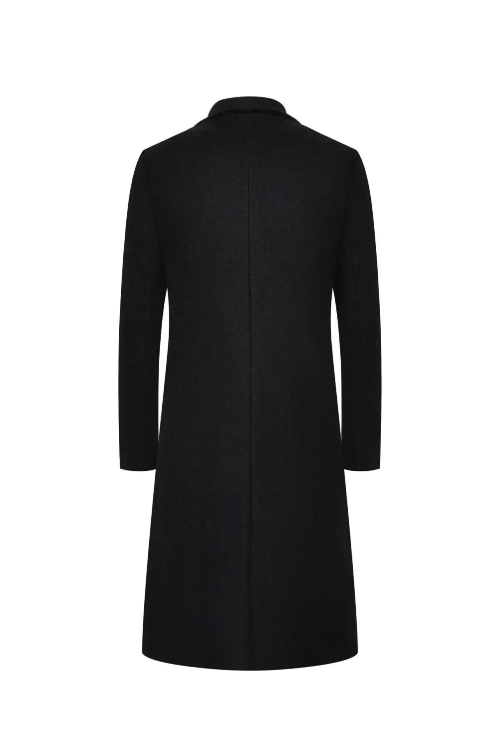 Black wool trench coat mens mid length thick winter jacket with a classic collar and straight-cut silhouette.