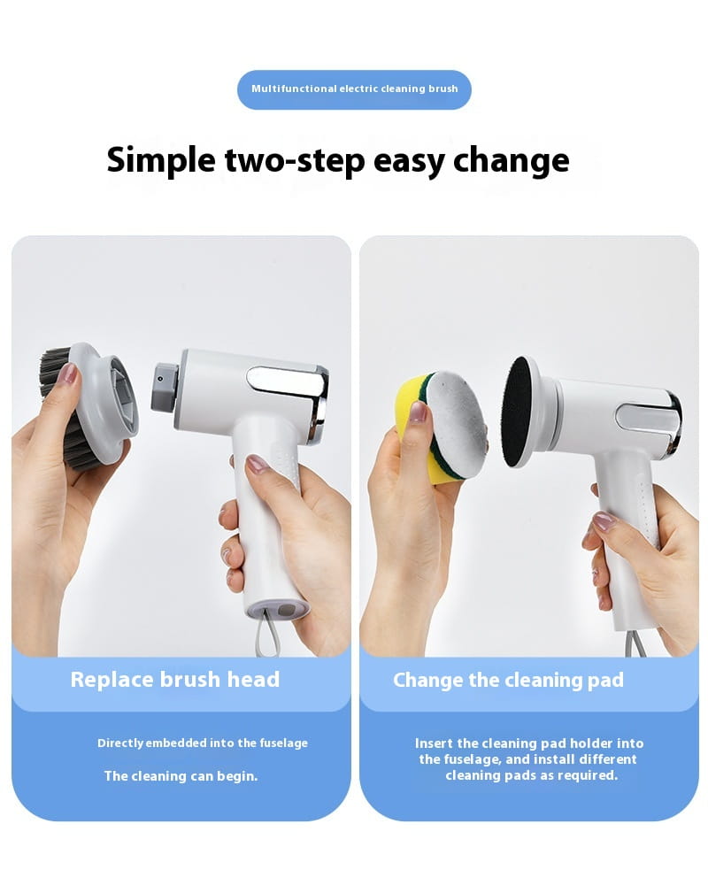 White handheld electric cleaning brush wireless smart scrubber tool with interchangeable black bristle and yellow sponge pads.