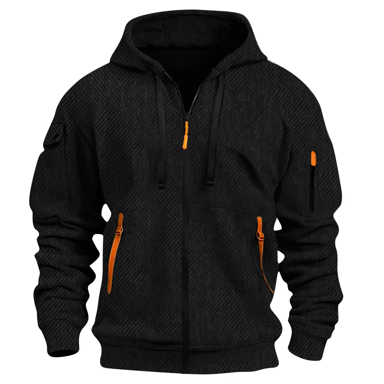 Men’s textured sporty black zip hoodie with subtle diagonal texture and bright orange zipper pulls and sleeve accents.