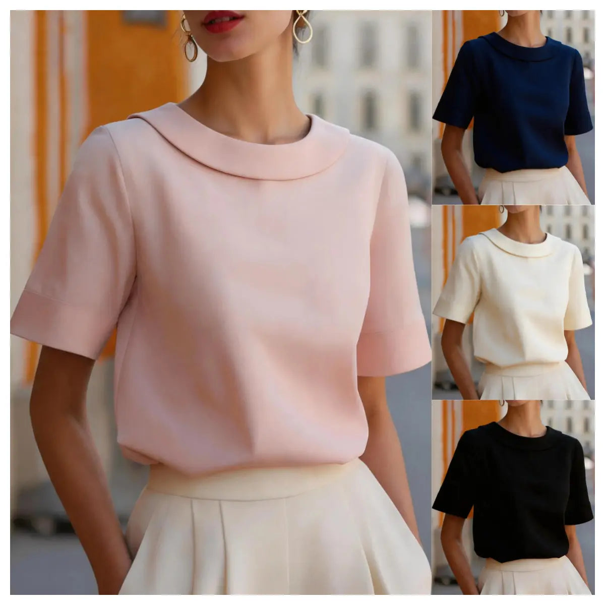 A soft pink women solid color short sleeve versatile top made of smooth lightweight fabric with a rounded collar.