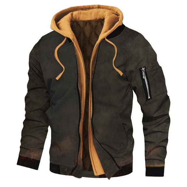 Plus size fleece lined hooded bomber jacket in dark olive with a contrasting mustard yellow hood and lining featuring black ribbed cuffs and waistband.