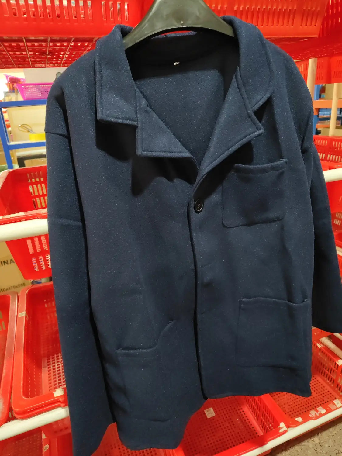Dark blue woolen men hip hop bomber jacket featuring a classic collar and two front pockets.