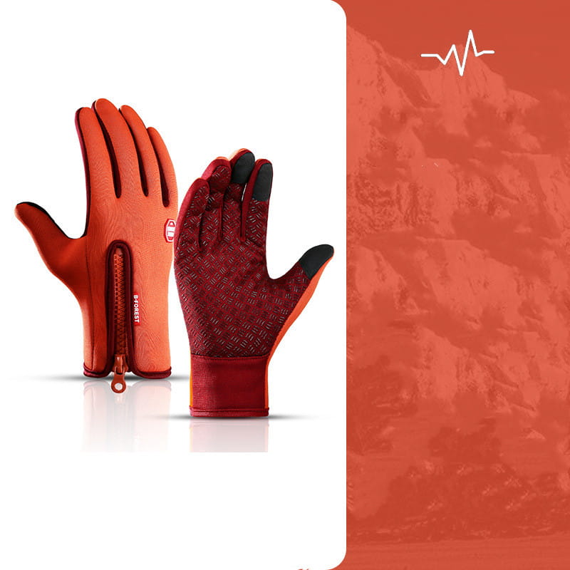 Orange and red windproof touchscreen winter gloves for men and women featuring a textured pattern on the back of the hand, black touch-sensitive fingertips, and a zipper closure along the wrist.