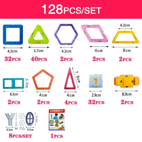 Un assortiment coloré de 128 blocs de construction magnétiques de formes variées, notamment des carrés, des triangles, des hexagones et des pentagones, provenant de l’ensemble de jouets éducatifs en blocs de construction magnétiques de 164 pièces.