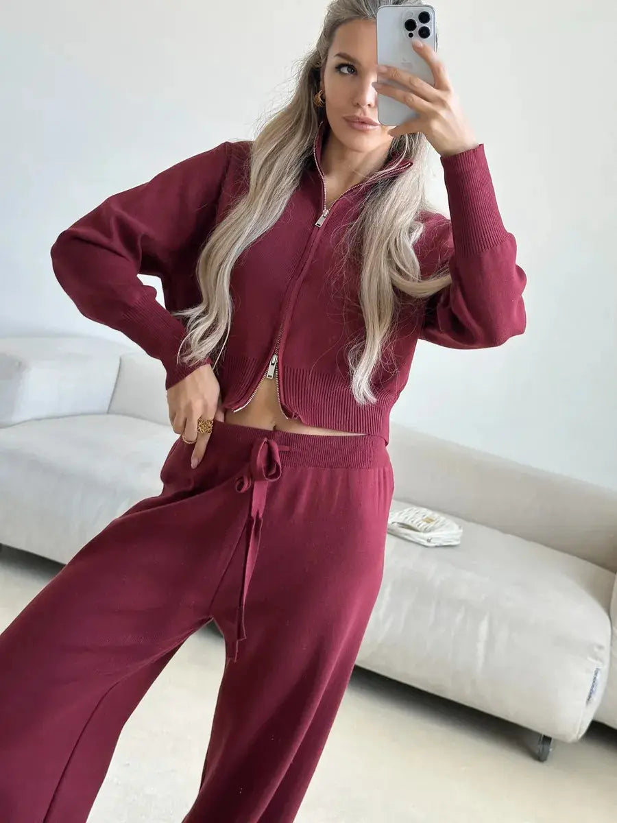 women’s maroon knit zip up cardigan and wide leg pant set featuring a cropped zip-up top and wide-leg pants with an elastic waistband and drawstring