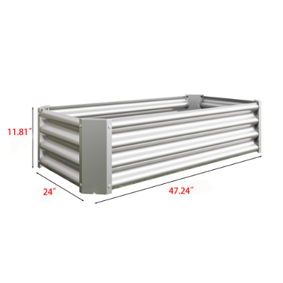 Lecho elevado de jardín de metal corrugado plateado, maceta galvanizada de 4x2x1 pies, con dimensiones indicadas, para uso de jardinería.
