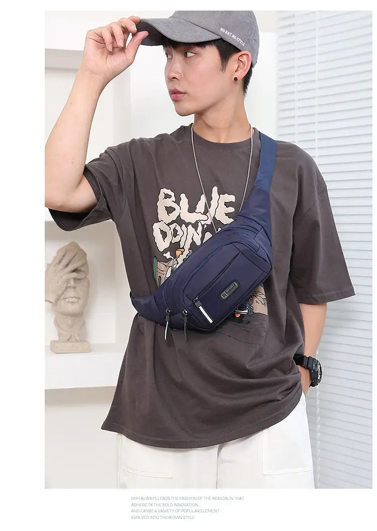 Men’s waterproof navy blue nylon multifunctional crossbody waist bag with zipper pockets and a small brand logo patch.