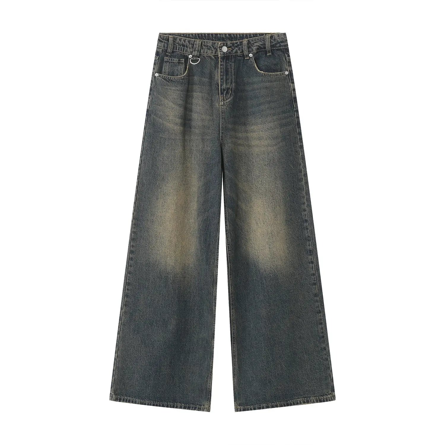 Jeans aus Denim im Dunkelwasch mit weitem Bein-Schnitt und verblassten Distressing-Details, benannt als Retro-Jeans mit weitem Bein im Used-Look.