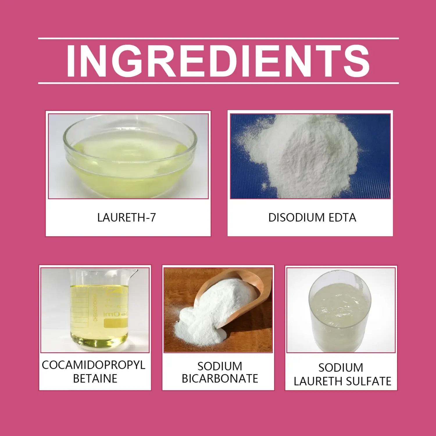 La imagen del reverso del embalaje de la pasta limpiadora de acero inoxidable presenta un fondo rosado con la palabra ingredientes y cinco ilustraciones de compuestos químicos etiquetados utilizados para eliminar manchas de utensilios de cocina.