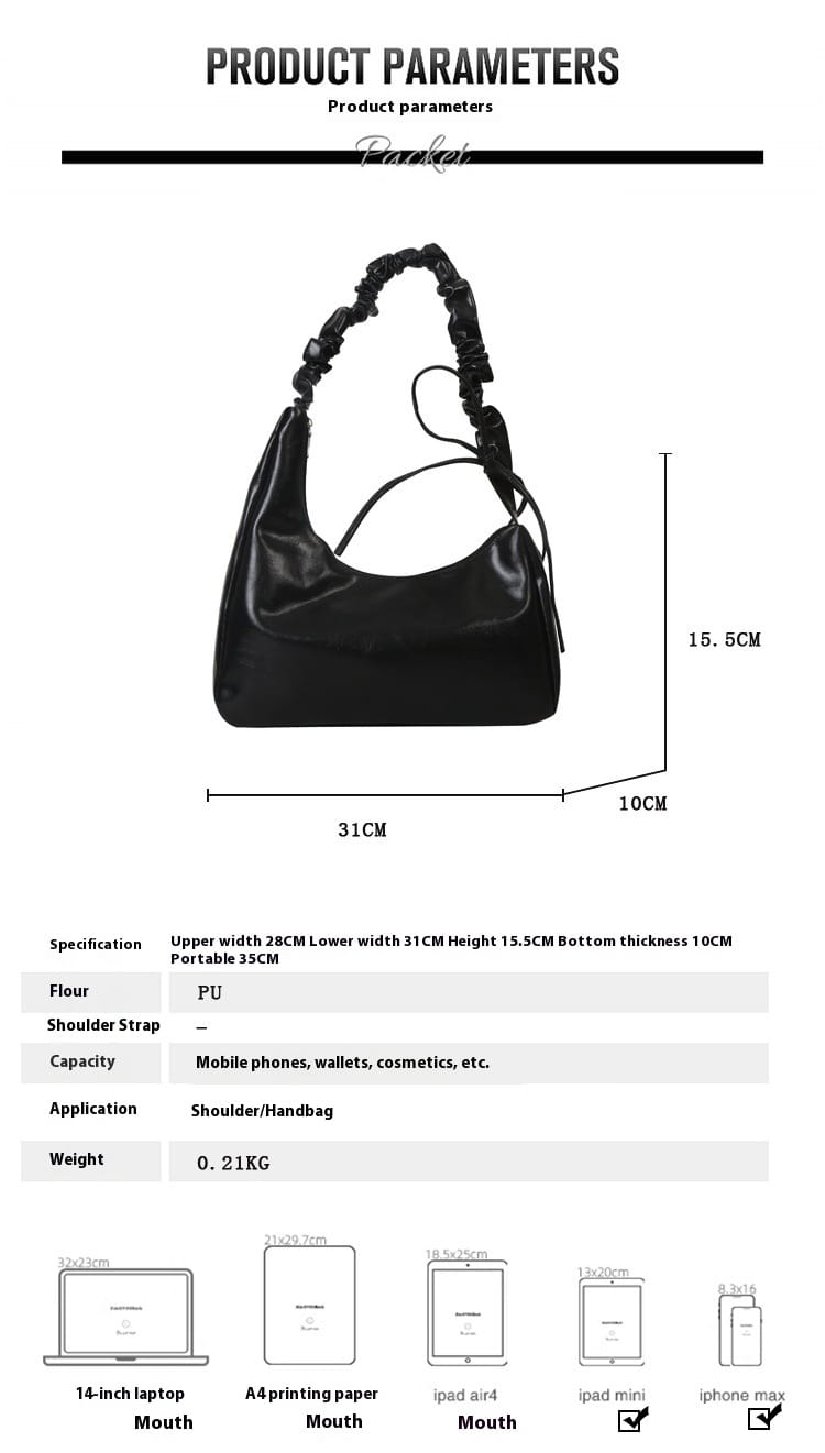 Black pu shoulder bag with ruched top handle and adjustable strap in patent leather handbag design.