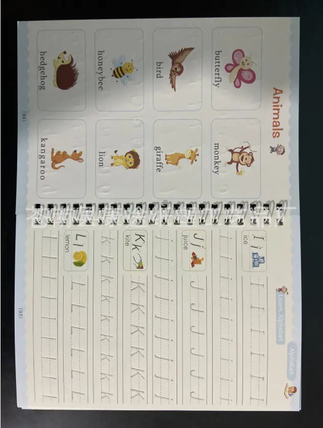 a children’s workbook page from the sank magic practice copybook set for kids preschoolers featuring colorful animal illustrations and letter tracing exercises