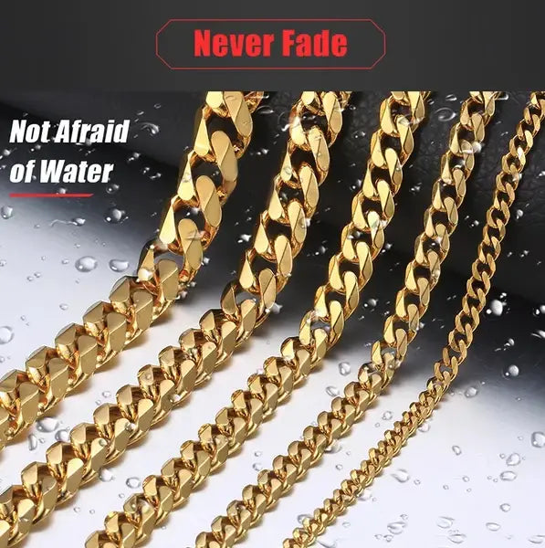 Unisex 18k gold plated stainless steel heavy-duty Cuban link necklace with a gold-colored polished metallic finish.