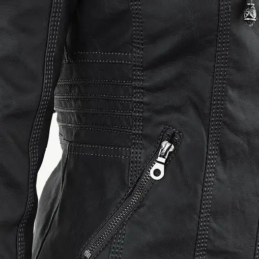 Black faux leather moto jacket with detachable hood featuring reinforced stitching and a silver zipper pull.
