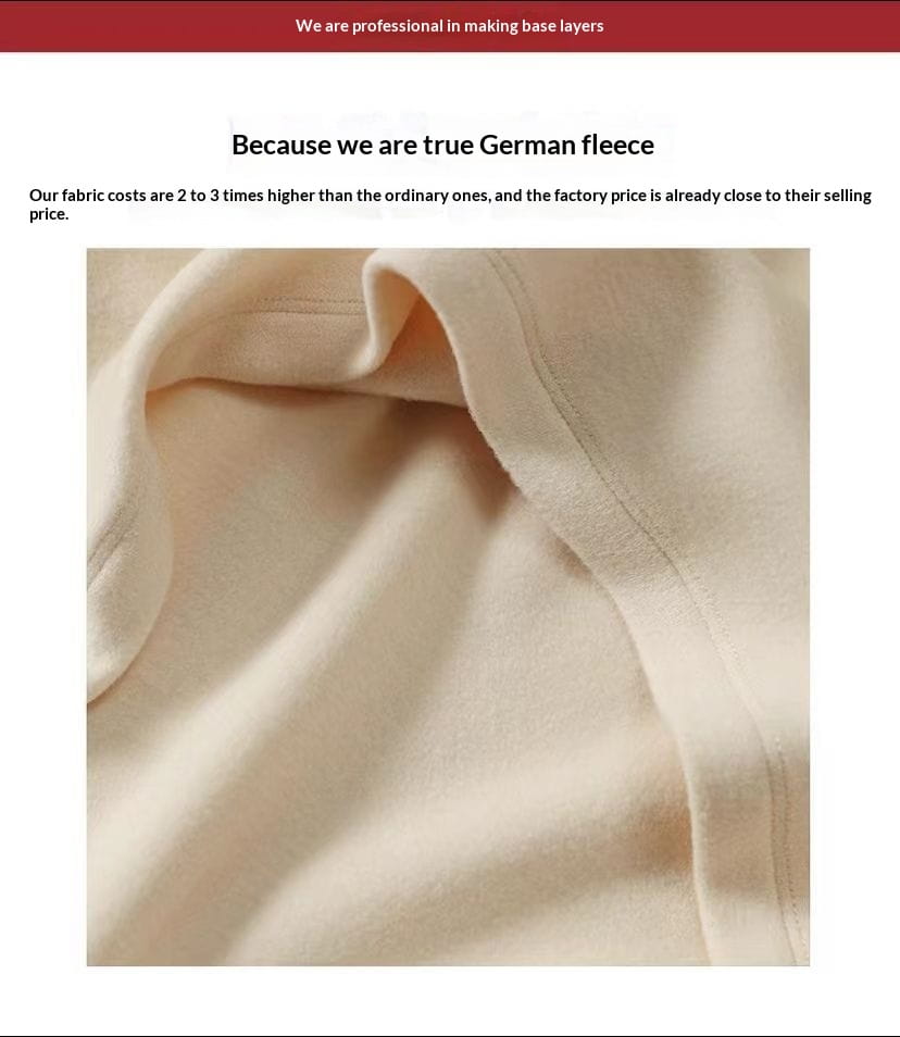 Soft cream-colored Dralon turtleneck thermal base layer top made from german fleece fabric with a plush and cozy texture.