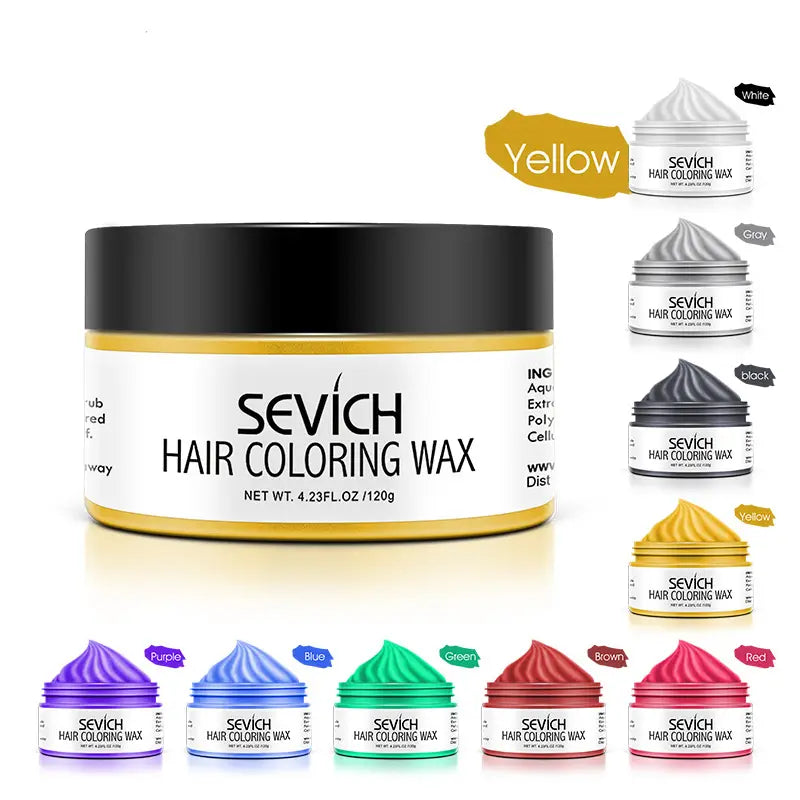 Eine gelbe Haarfärbewachs-Farbe in einem schwarzen und goldenen Behälter mit mehreren um ihn herum angezeigten Farboptionen für Einweg-Sofortfärbemittel Mud 100 g.
