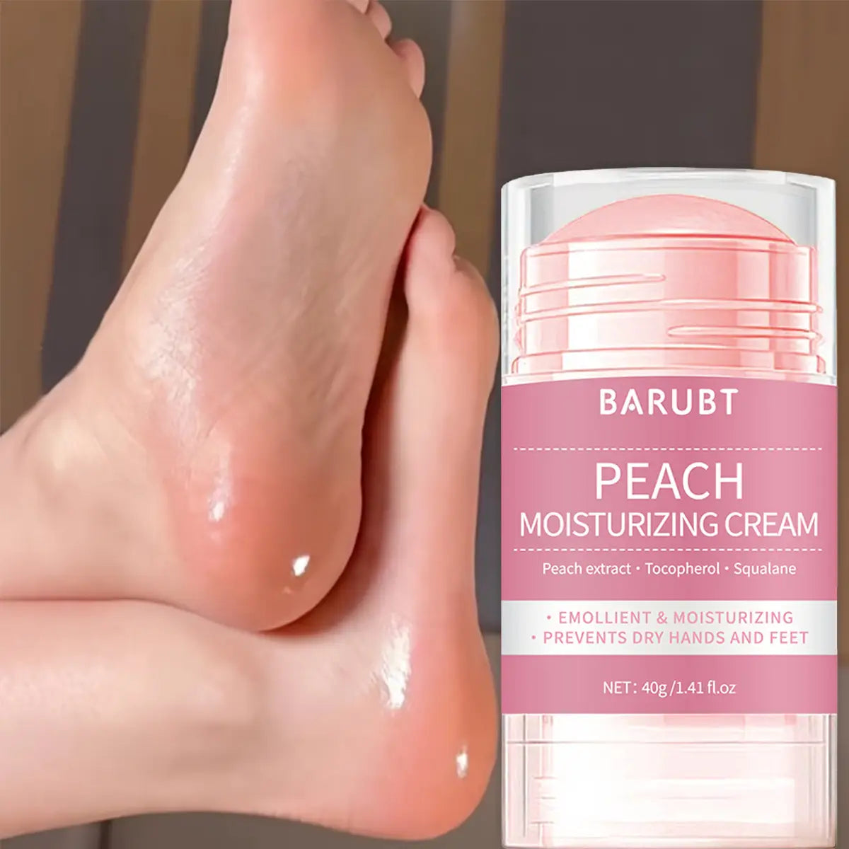Crème bâton pour le soin hydratant des mains et des pieds à la pêche rosée, 72 g, de barubt, dans un tube transparent avec étiquette rose