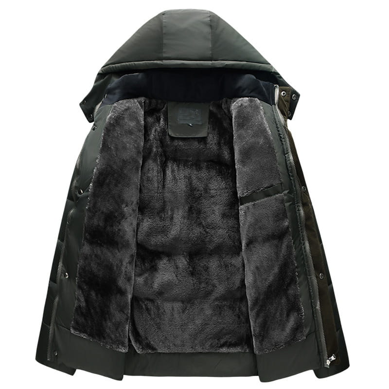 Dark green hooded quilted winter jacket with plush black faux fur lining and insulated fleece interior.