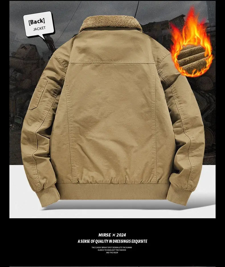 Men cotton shearling bomber jacket in khaki color featuring fleece lining and ribbed cuffs and hem.