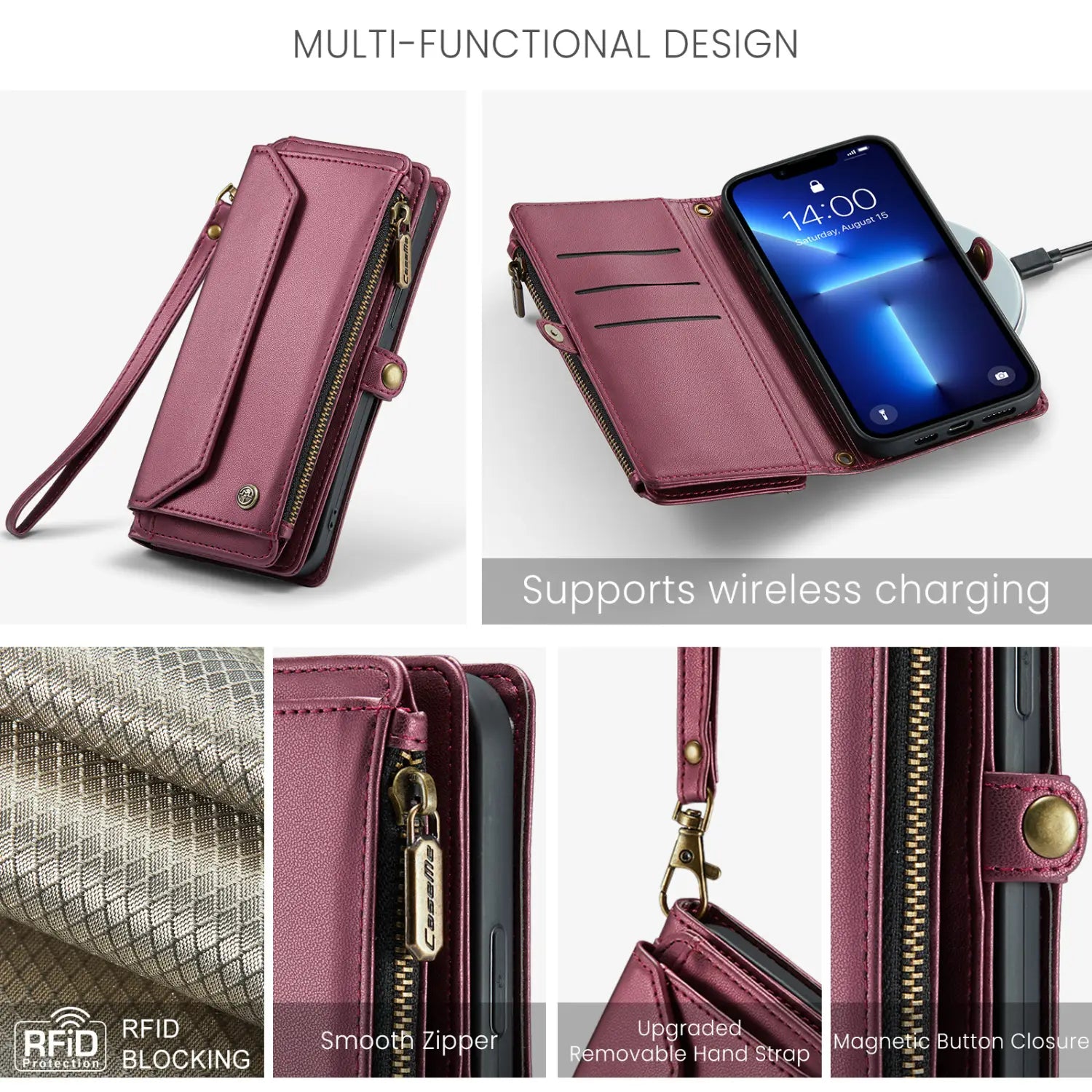 A maroon leather wallet phone case with a detachable wrist strap and magnetic button closure.