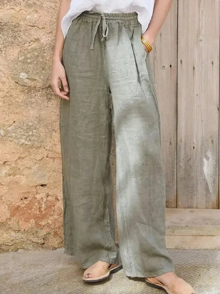 olive green linen wide-leg pants with a drawstring waistband designed for comfortable casual wear