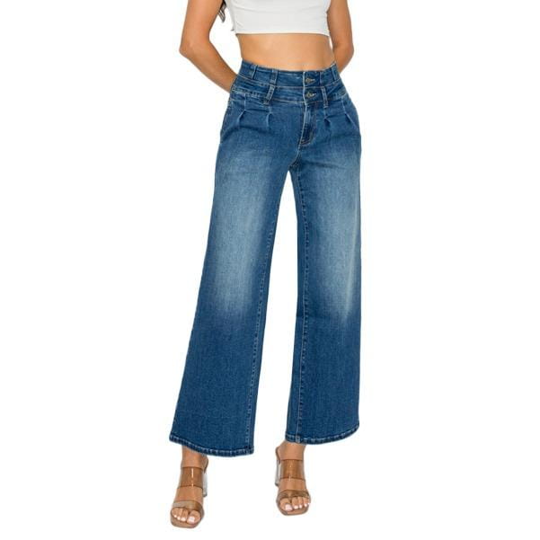 Medium blue wide leg denim jeans feature high-waisted blue denim wide-leg pants with a faded wash and a classic five-pocket design.