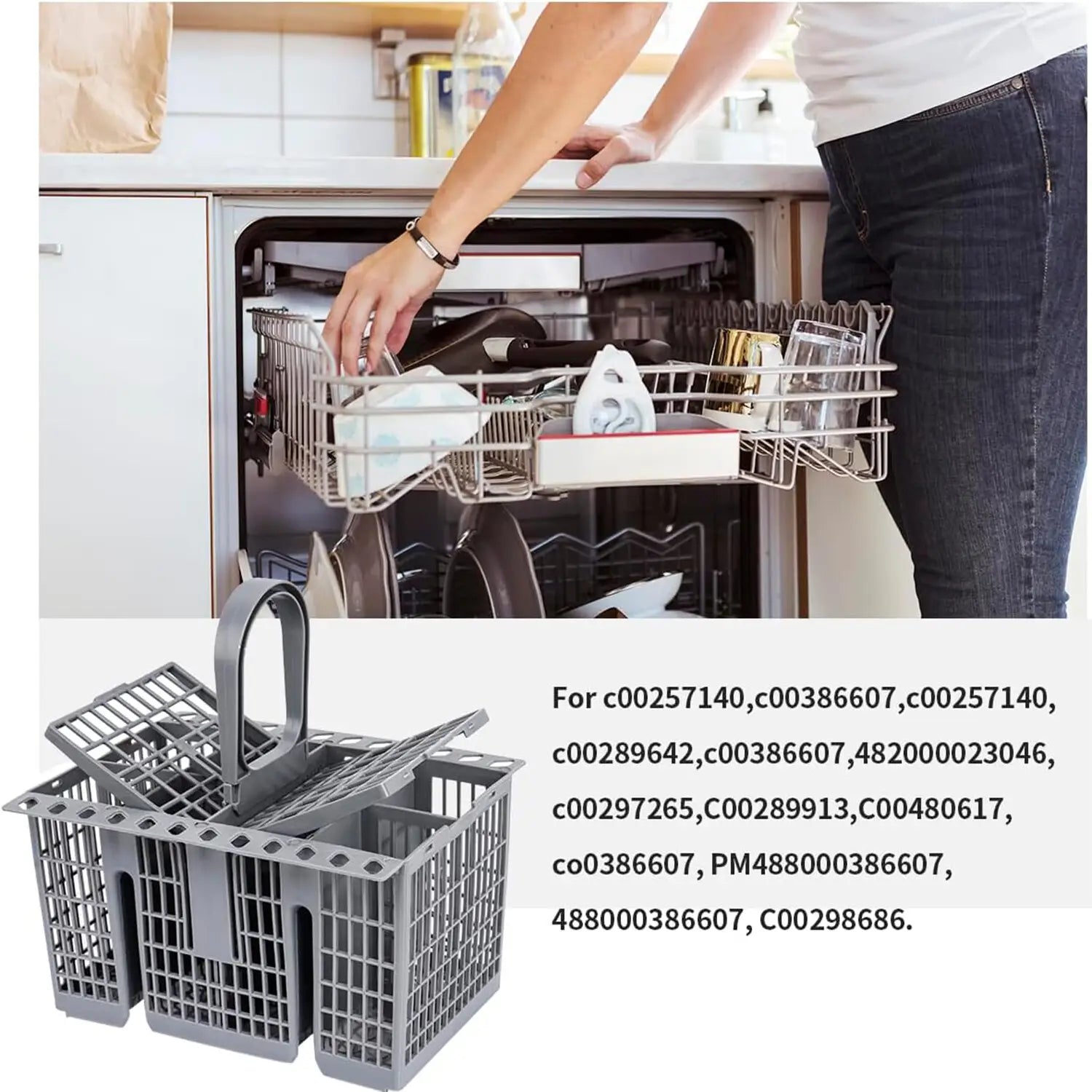 Gray plastic dishwasher cutlery basket for Hotpoint Indesit with handle and multiple compartments for organizing utensils.