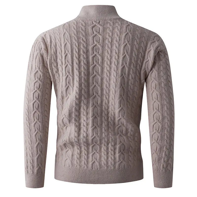 Beige men thick half zip cable knit sweater featuring a textured interwoven pattern and a turtleneck design.
