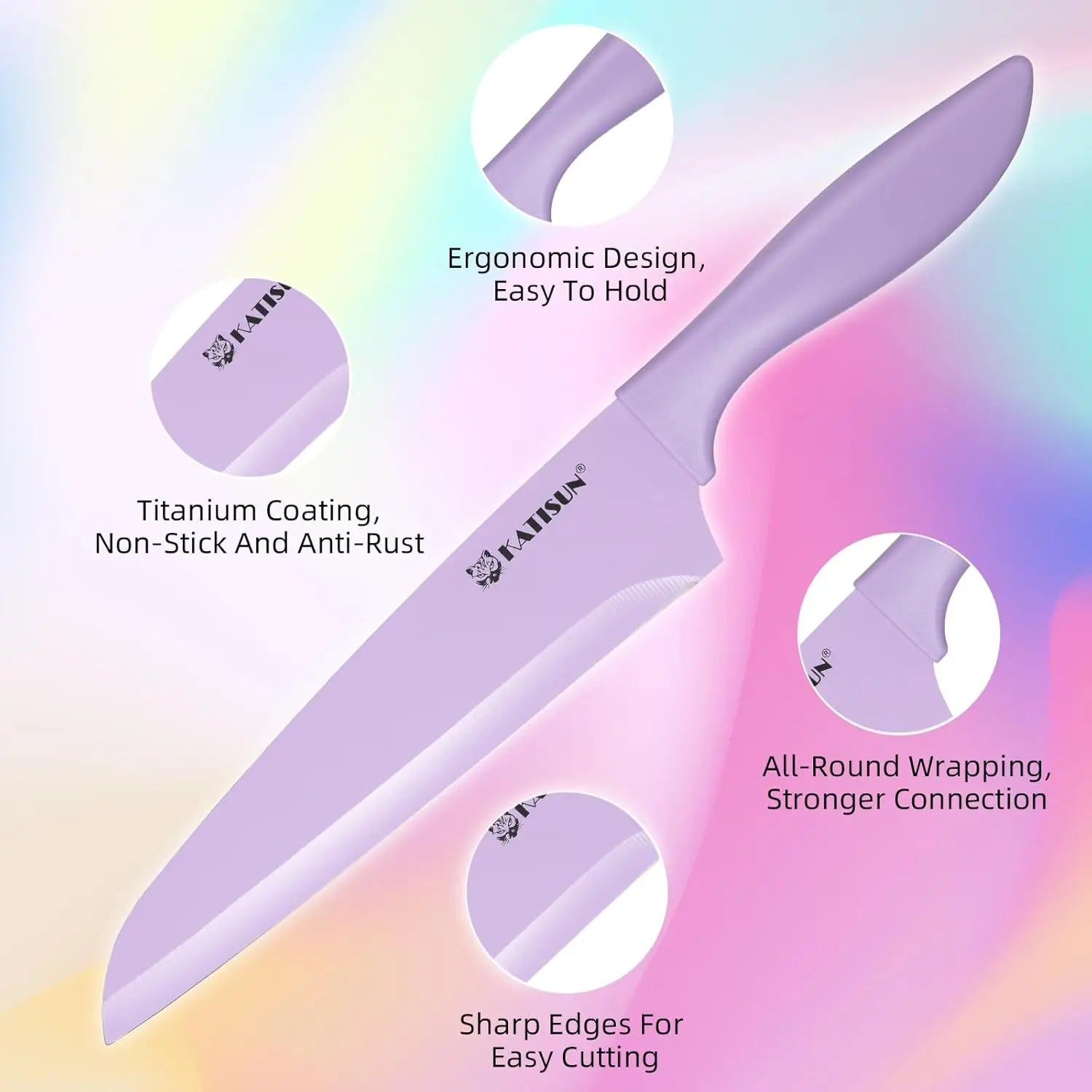 Lavender-colored kaisun chef’s knife with a titanium-coated blade and ergonomic handle from the 30 piece colorful knife set with cutting board.