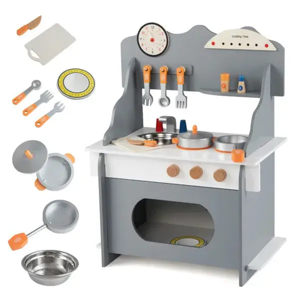 Gray wooden play kitchen set with sink featuring orange-handled utensils and stainless steel cookware for children’s imaginative cooking.