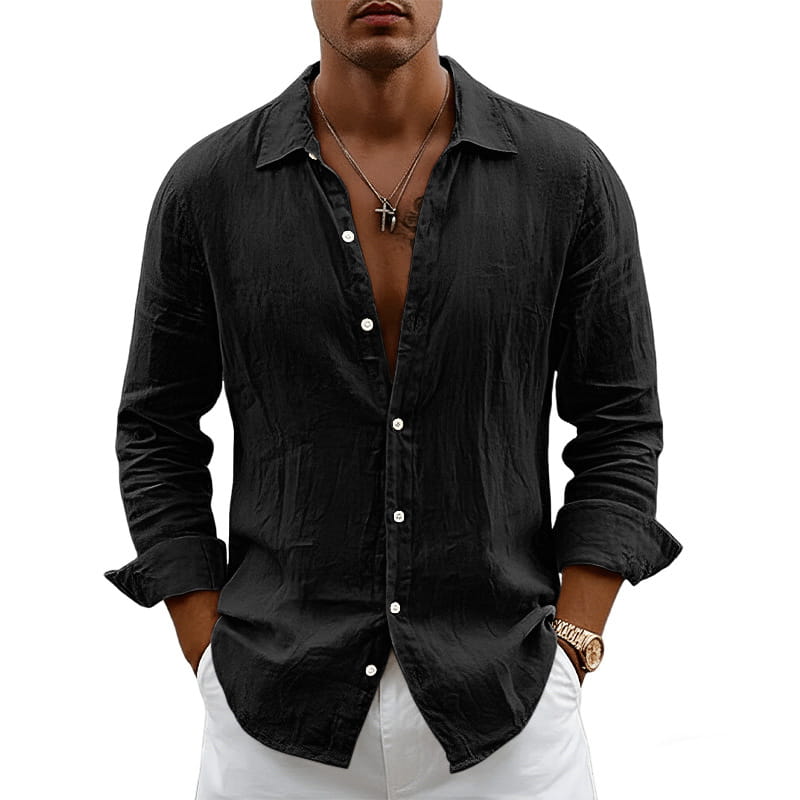 men’s slim fit linen blend long sleeve casual shirt in black with a relaxed fit and subtle texture shown from the back side