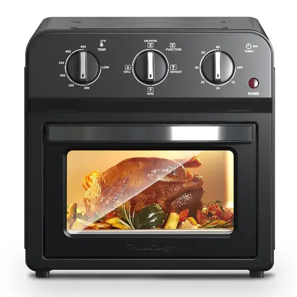 horno tostador con freidora de aire de 13 cuartos, combinación con convección, con puerta de vidrio que muestra pavo asado y verduras en su interior