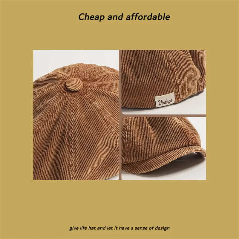 Brown corduroy eight panel retro newsboy cap with a buttoned top and a small vintage label on the side.