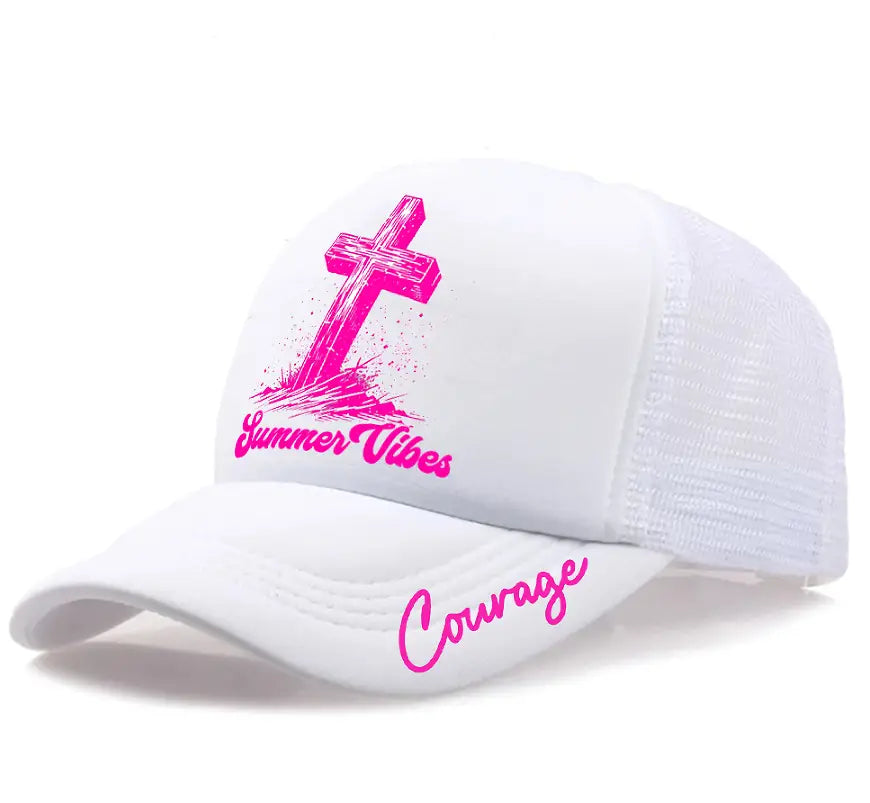 White trucker hat featuring a vibrant pink cross and summer vibes text on the front with courage scripted in pink on the brim for casual summer wear.