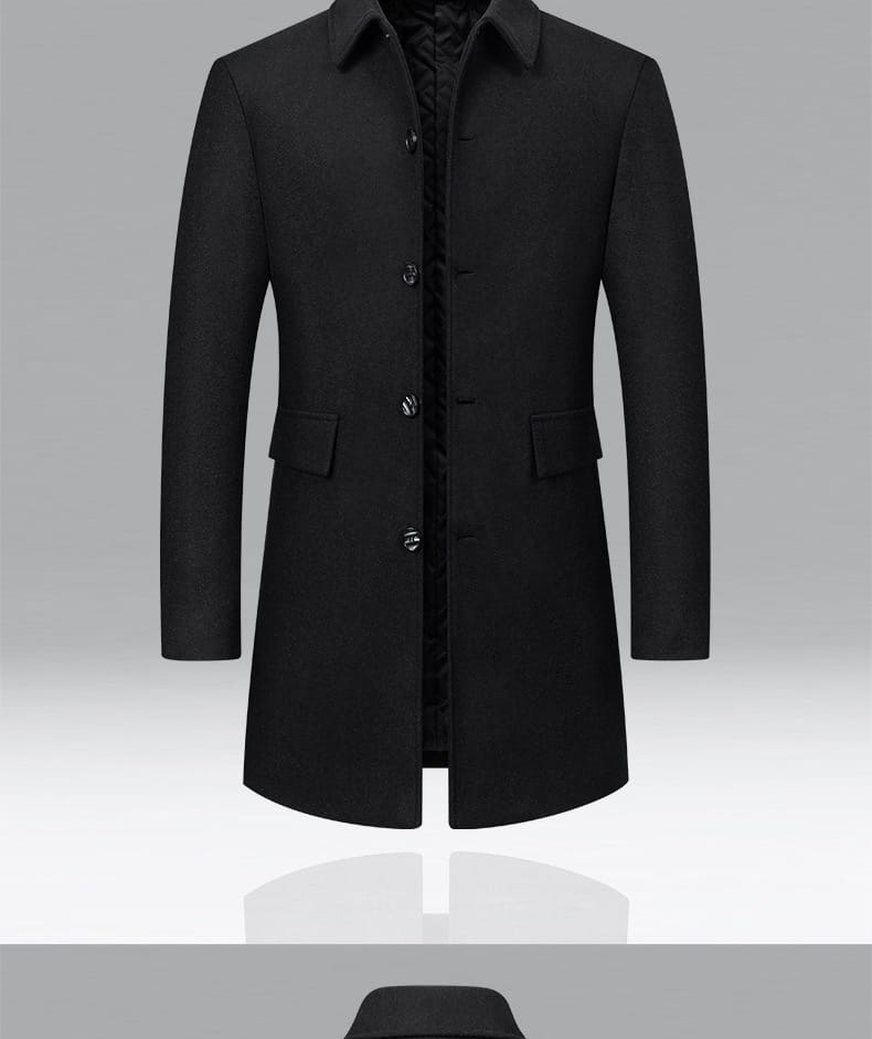 black woolen men’s overcoat with notched collar and front button closure featuring quilted lining for warmth and style
