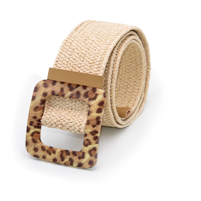 Beige woven elastic belt featuring a square leopard print buckle.