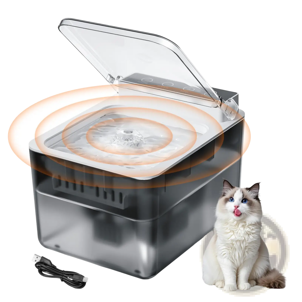 Modern silver and transparent 3l radar sensing pet water fountain with sleek rectangular design for cats and dogs