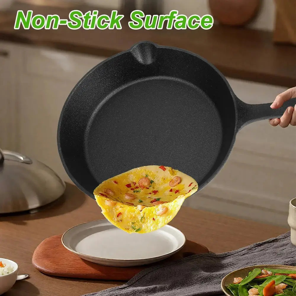 Black pre-seasoned cast iron skillet with non-stick surface from a 3-piece cast iron skillet set
