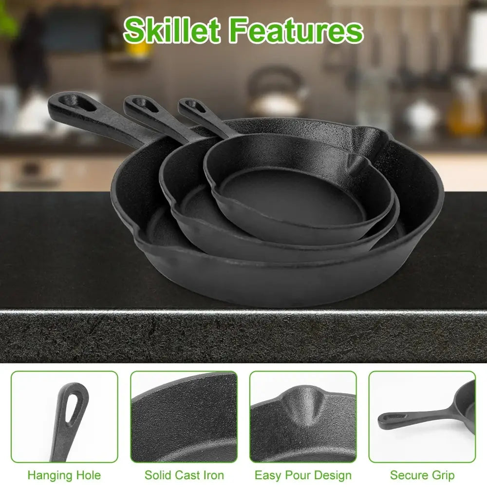 Set of three black pre-seasoned cast iron skillets with hanging holes and secure grips for versatile cooking use