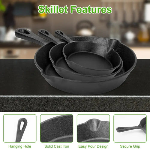Set of three black pre-seasoned cast iron skillets with hanging holes and secure grips for versatile cooking use