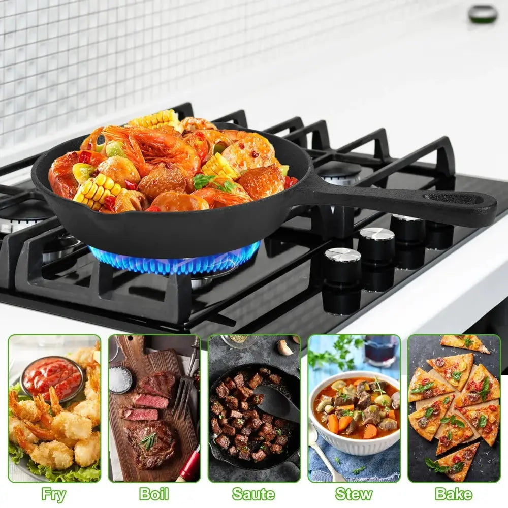 Black pre-seasoned cast iron skillet with a sturdy handle cooking colorful seafood and vegetables over blue gas flame